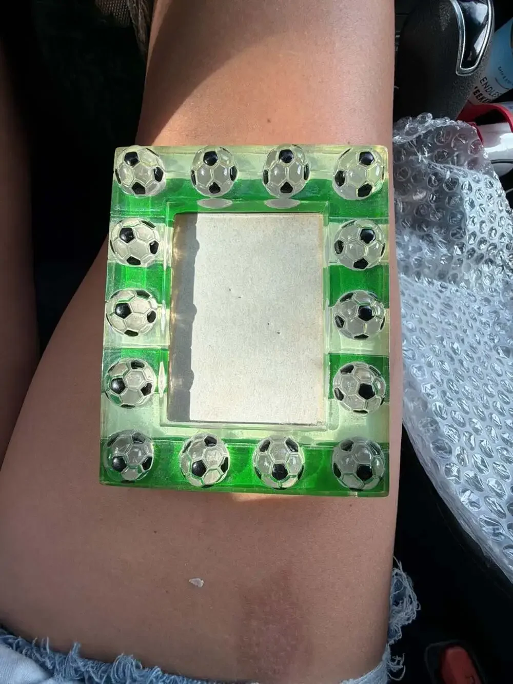 Clear Acrylic Soccer Ball Themed Picture Frame with Green Trim